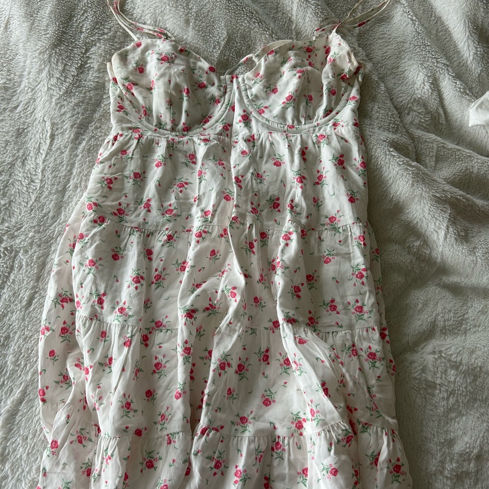 Floral Mini Dress - White with Pink Accents